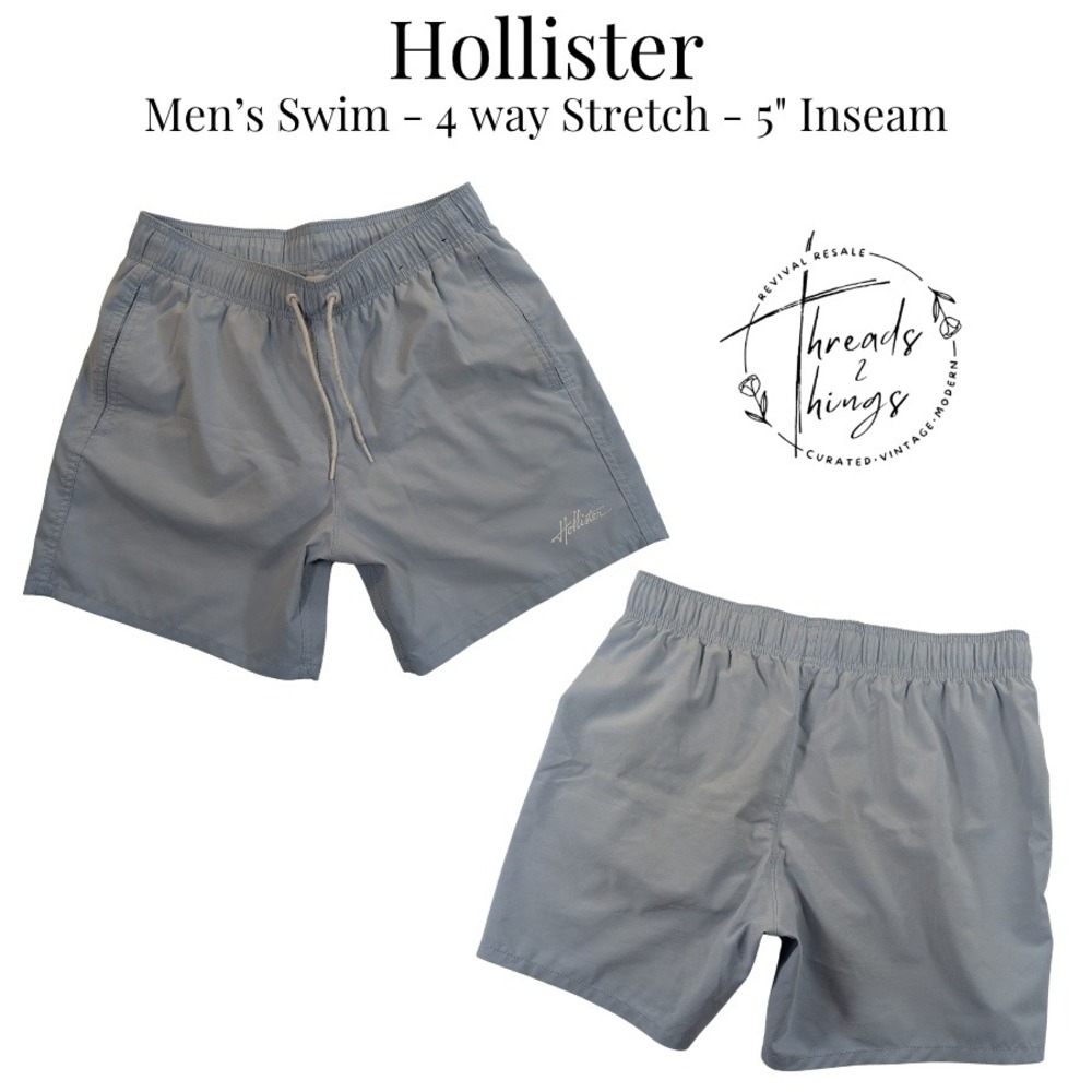 Hollister Swim Trunks Mens Sm Lt Blue Stretch 5" Shorts Summer Beach Preppy Vaca